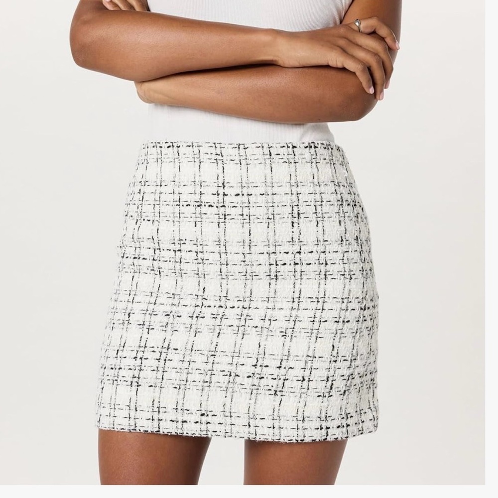 White Tweed Mini Skirt - Classic Plaid Texture